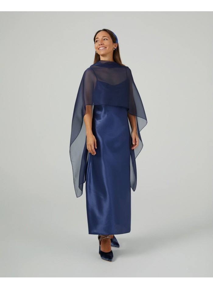 Long coat in navy blue cationic gauze with...