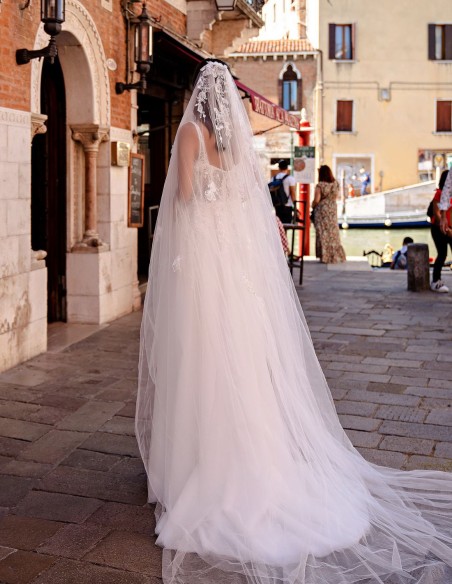 Ivory wedding dress with straps and floral embroidered lace bodice