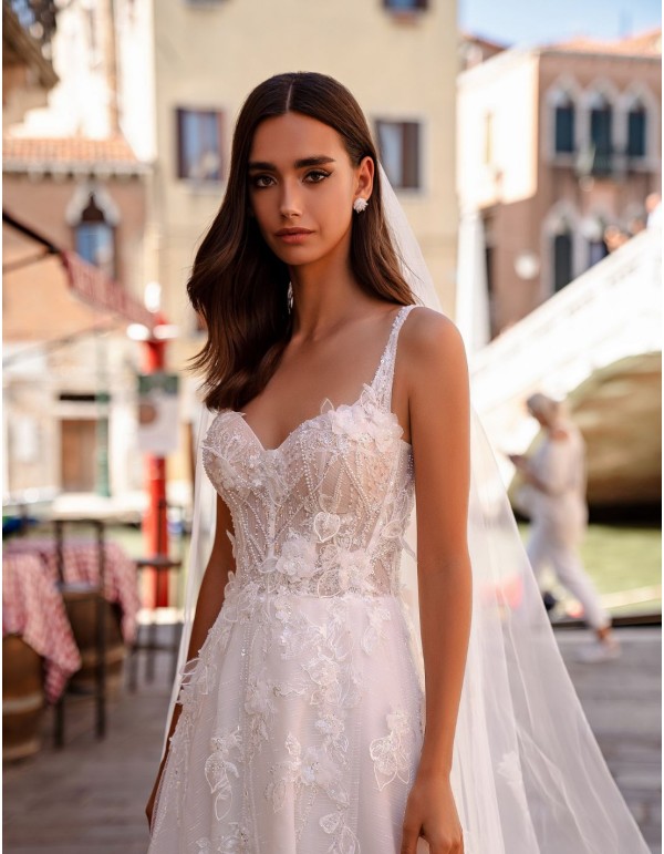 Robe de mariée ivoire avec bretelles et corsage en...