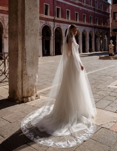 Long tulle wedding dress with embroidered tattoo effect bodice