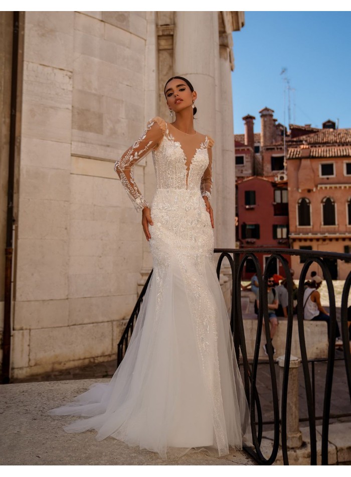 Robe de mariée longue avec effet de tatouage en...