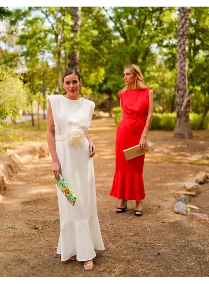 sleeveless white midi dress with ruffle