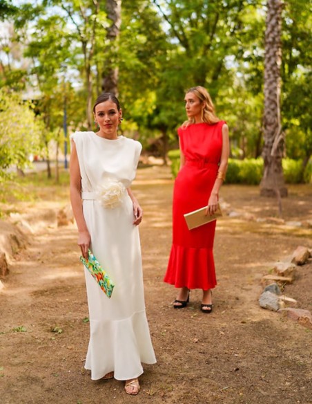 sleeveless white midi dress with ruffle