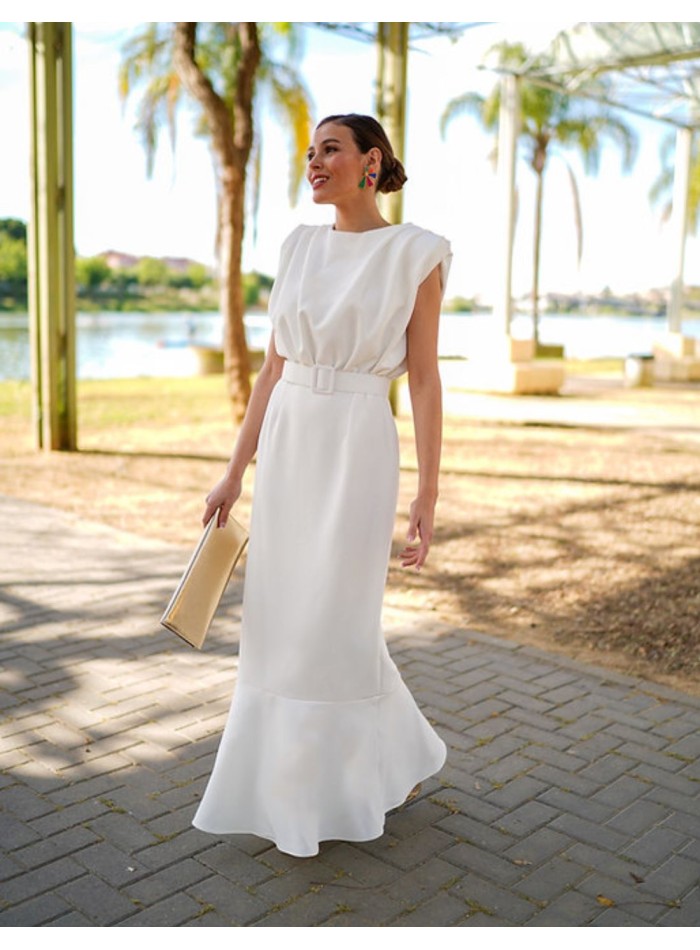 sleeveless white midi dress with ruffle