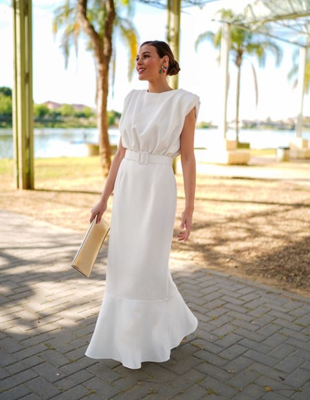 sleeveless white midi dress with ruffle