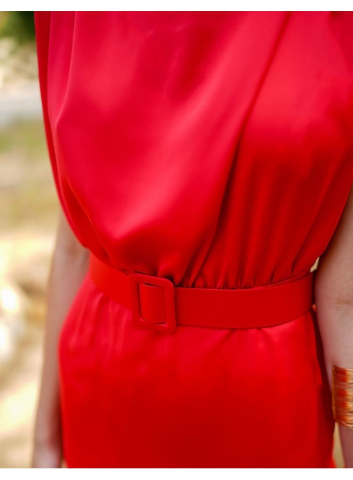 sleeveless red midi party dress with ruffle