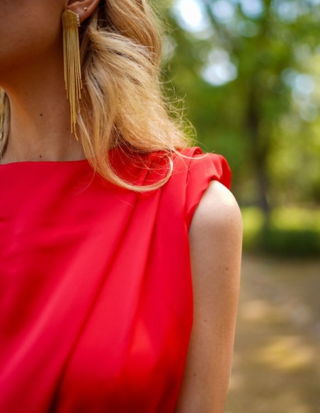 sleeveless red midi party dress with ruffle