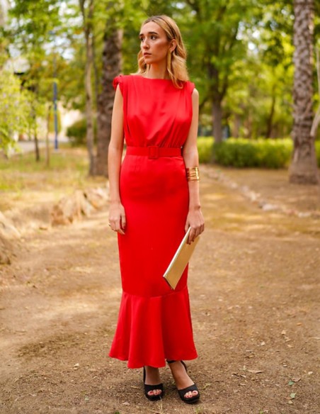 Vestido midi de fiesta rojo sin mangas con volante