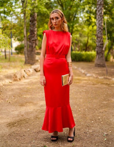 Vestido midi de fiesta rojo sin mangas con volante
