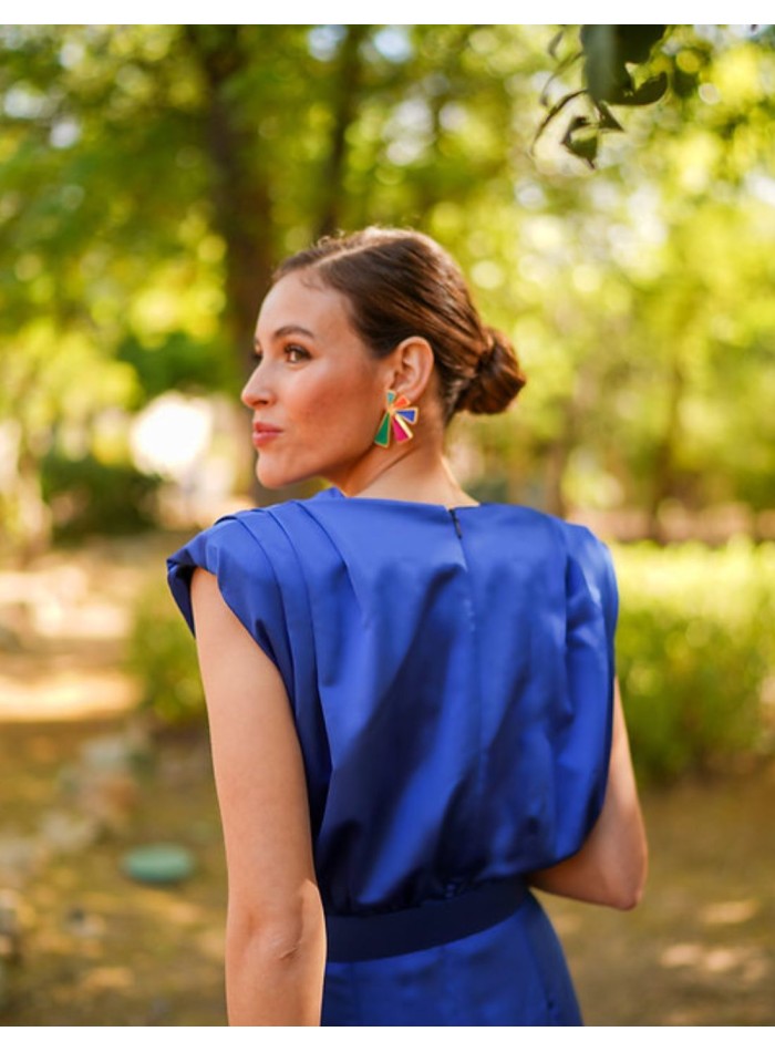 Robe de soirée midi sans manches avec volant, bleu