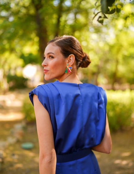 Sleeveless blue midi party dress with ruffle