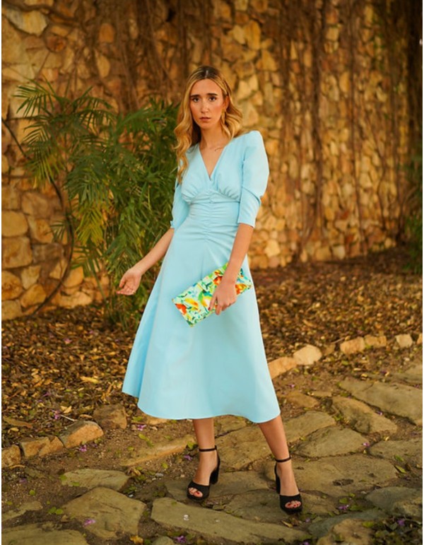 Robe midi à manches longues et jupe flottante bleu clair 2