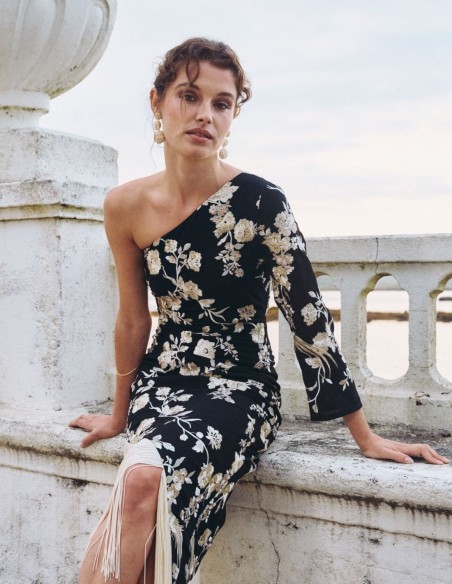 Midi party dress with one sleeve and fringed hemline