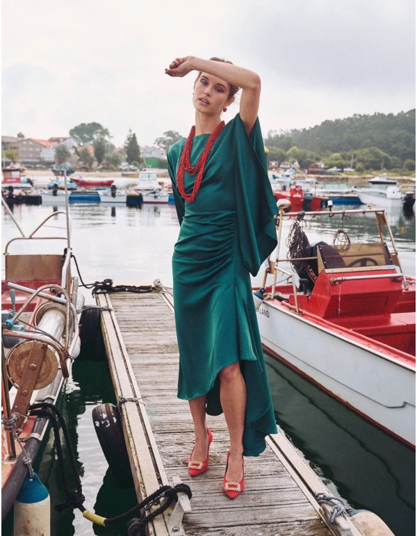 Midi party dress with boat neckline and asymmetries