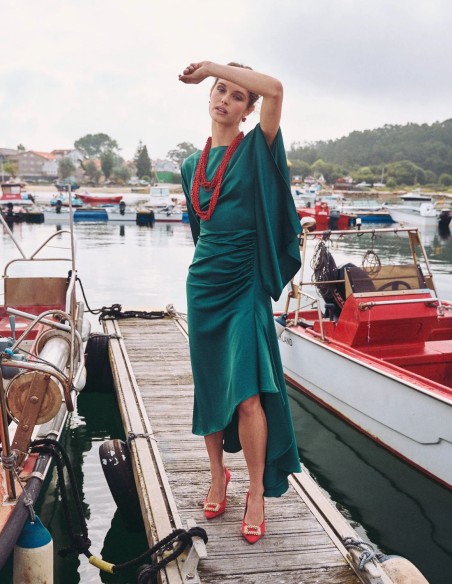 Midi party dress with boat neckline and asymmetries