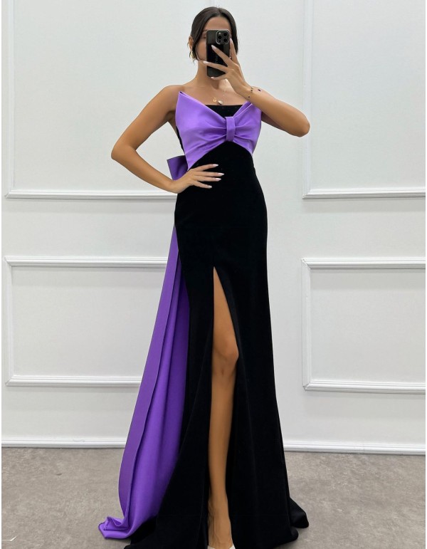 Vestido de fiesta largo con escote en forma de lazo y cola 2