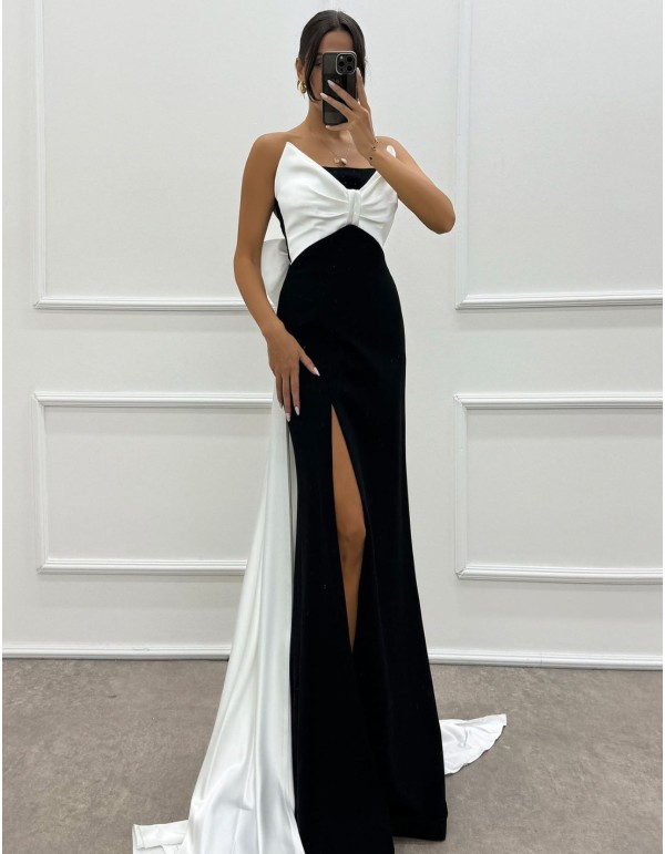 Maxi party dress with bow neckline and train