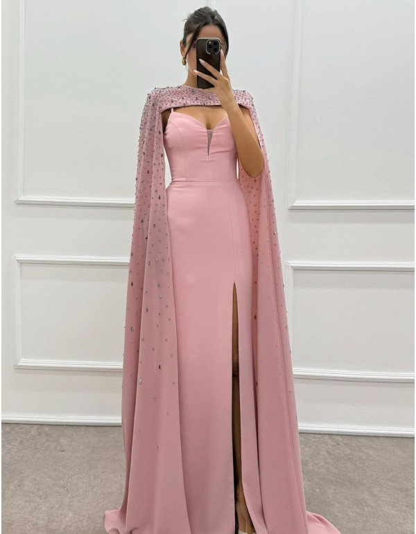 Maxi party dress with cape sleeves and rhinestone details