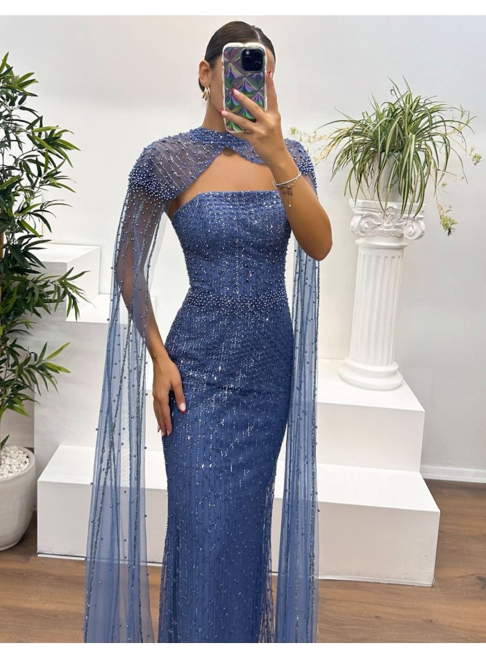 Robe longue de fête en strass avec manches en cape