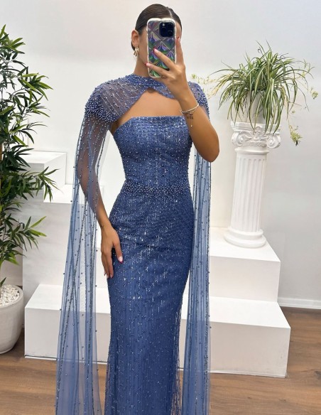 Maxi party dress with rhinestones and cape sleeves
