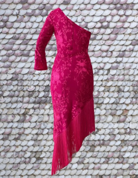 Robe asymétrique midi de fête avec une manche et des franges