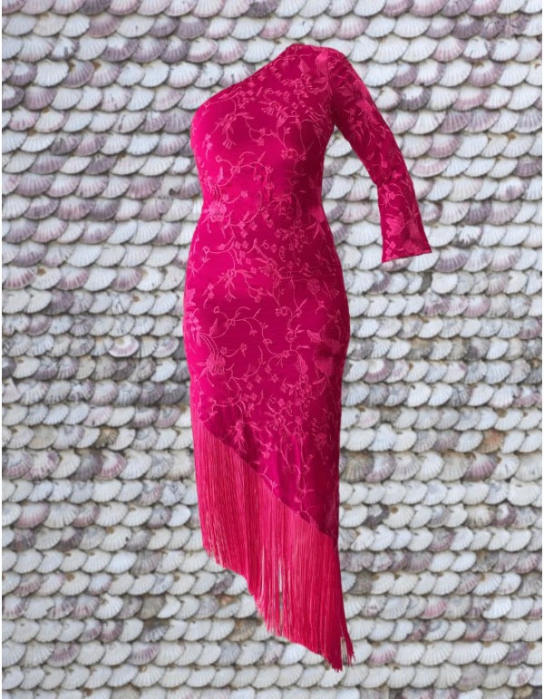 Asymmetrical midi party dress with one sleeve and fringed detail