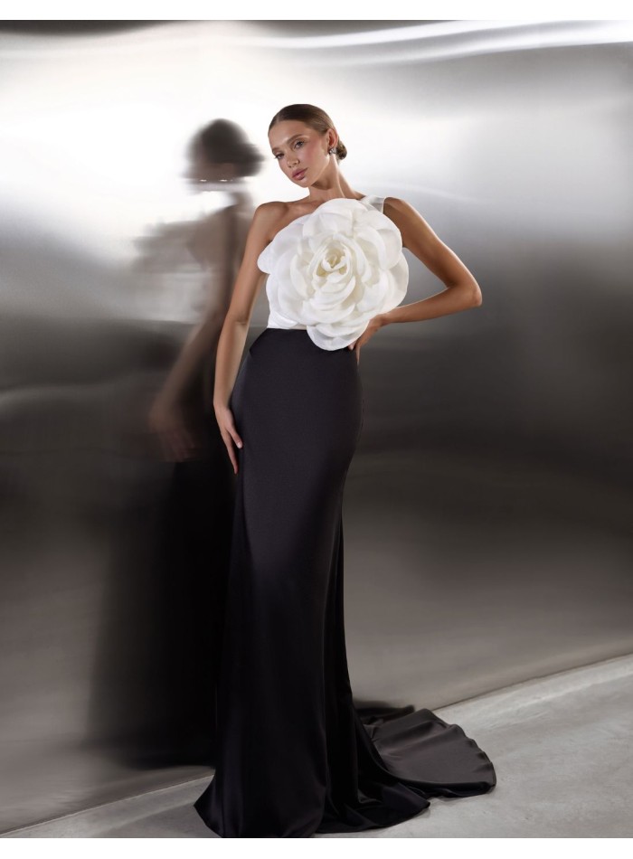 Asymmetrical long party dress with maxi flower...