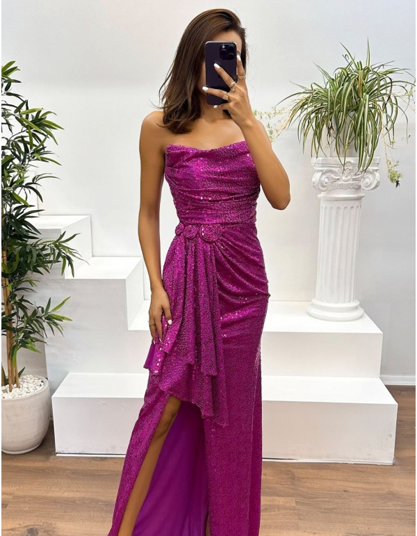 Robe longue de soirée sans bretelles, drapée de sequins