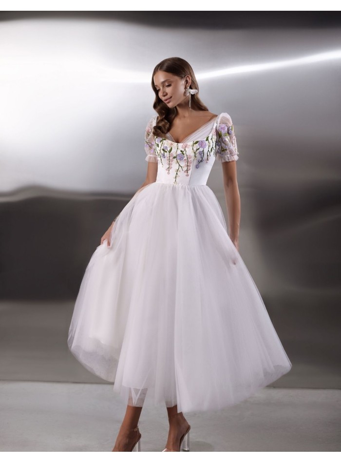 White tulle midi party dress with floral...