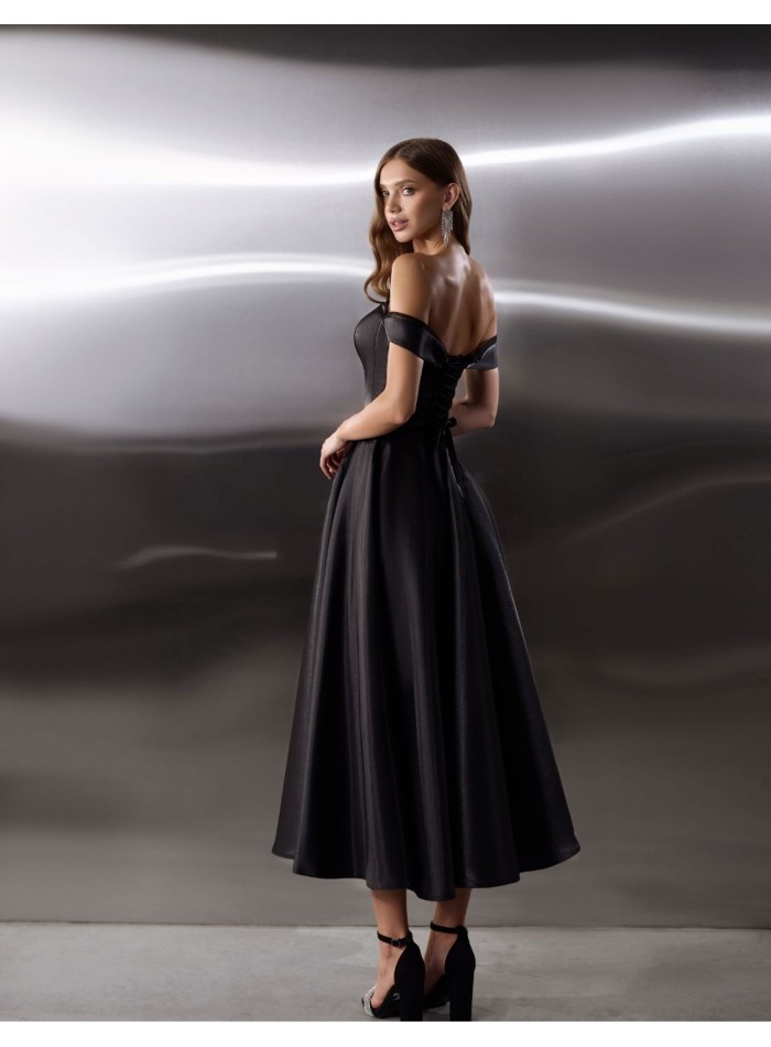 Evening midi dress in satin with strapless...