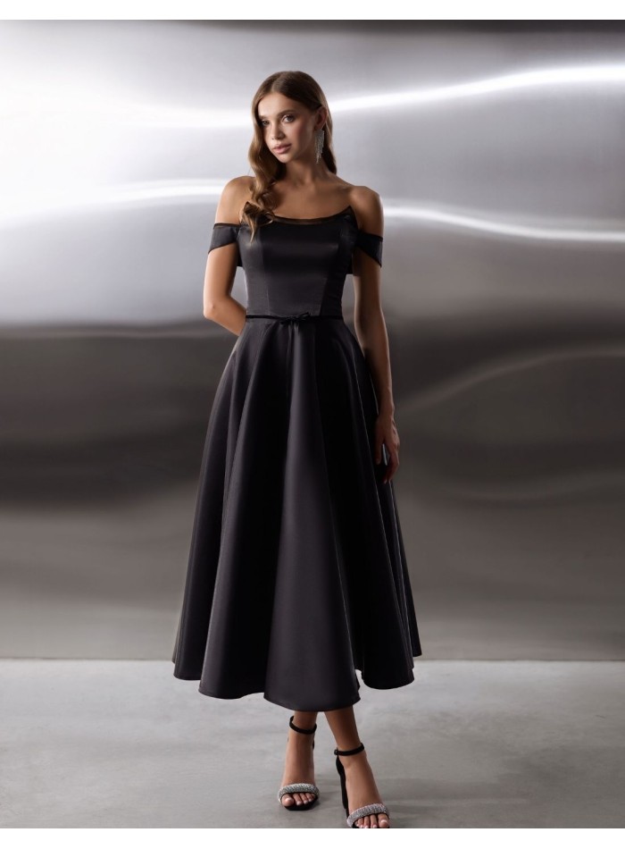 Evening midi dress in satin with strapless...