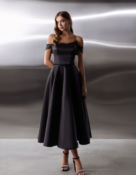 Evening midi dress in satin with strapless neckline and bandeau sleeves