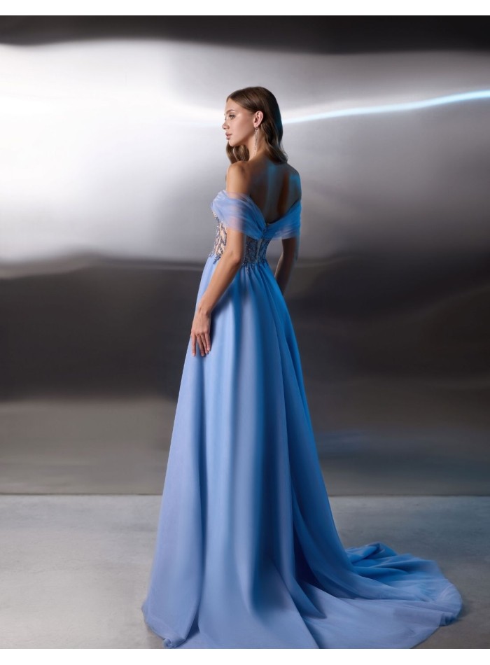 Long party gown with bandeau neckline and...