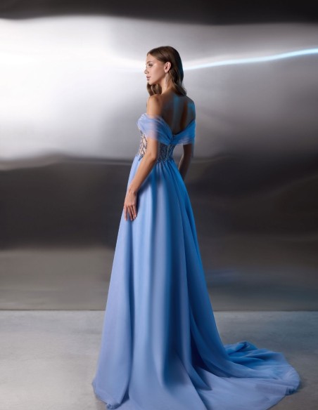 Long party gown with bandeau neckline and beaded bodice