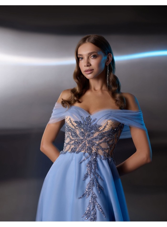 Long party gown with bandeau neckline and...