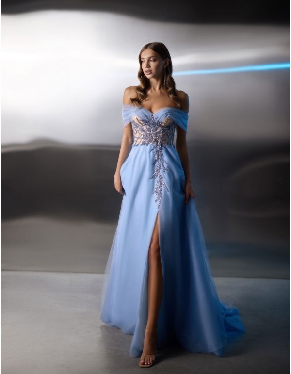 Vestido largo de fiesta con escote bandeau y cuerpo de...