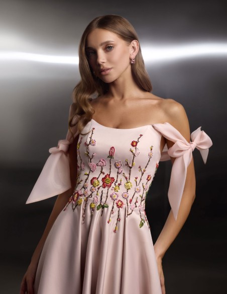 Midi party dress with floral embroidered bodice and lace-up straps