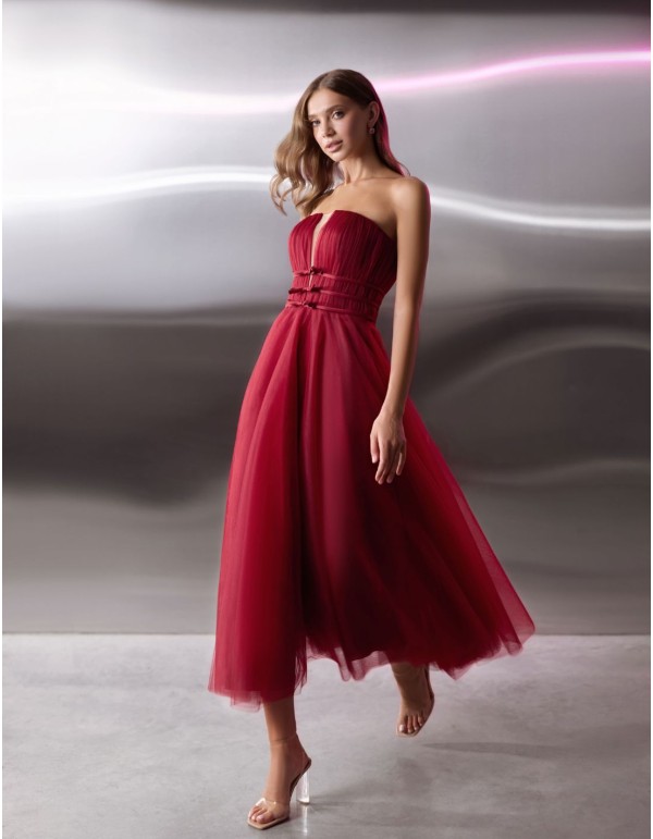 Robe midi en tulle avec encolure bustier plissée et liens...