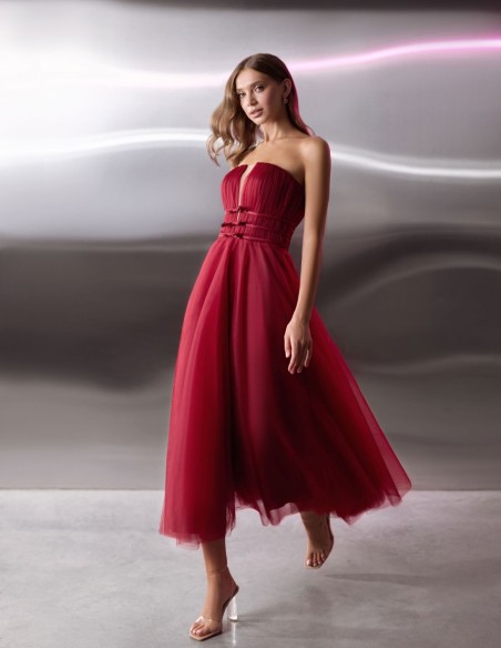 Tulle midi dress with pleated strapless neckline and waist ties
