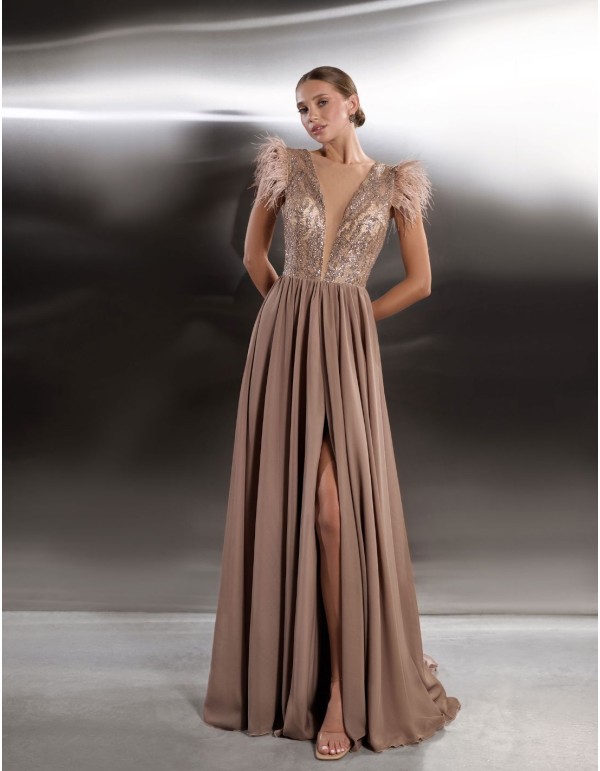 Long party dress with shimmering bodice and feathered... 2