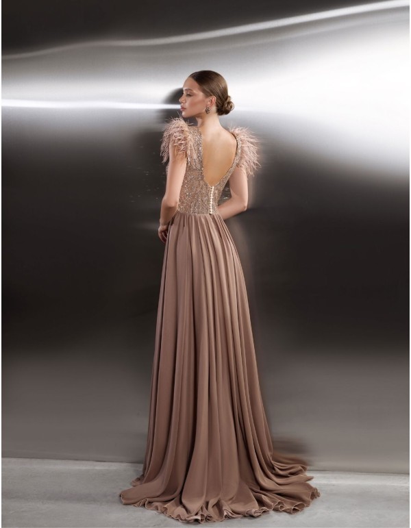 Long party dress with shimmering bodice and feathered...
