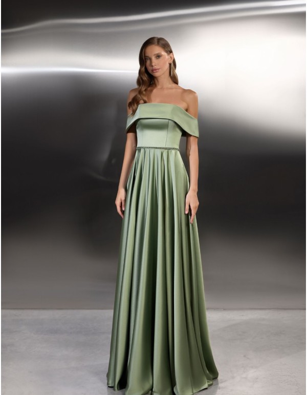 Vestido de fiesta largo en satén con escote bandeau y...