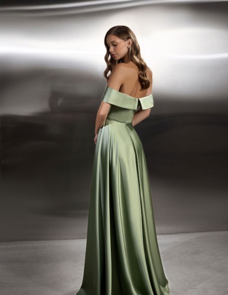 Long satin party dress with bandeau neckline