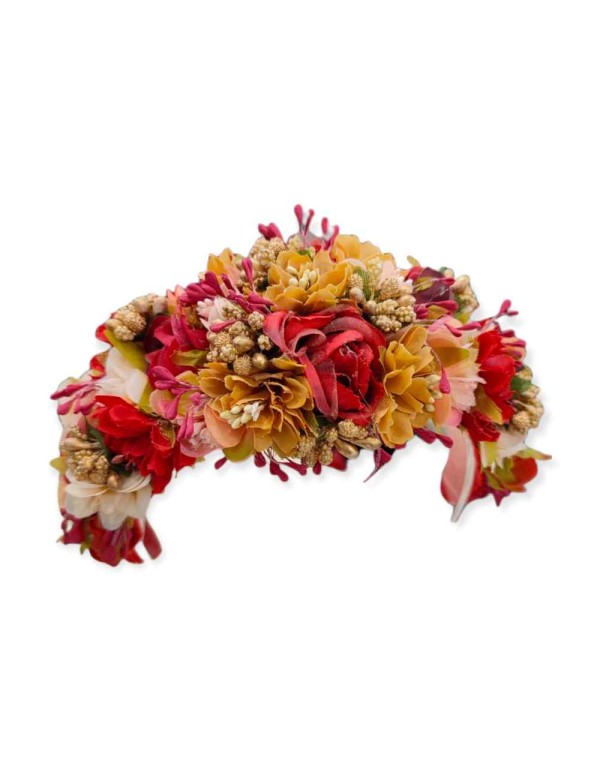 Diadema de flores para invitada en tonos rojos 2