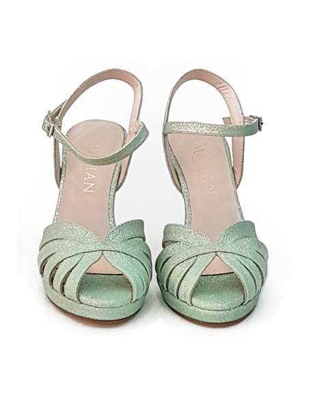 Platform party sandal with glitter and bracelet fastening