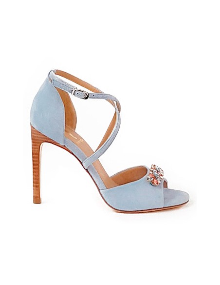 Suede party sandal with crossed straps and jewel embellishment
