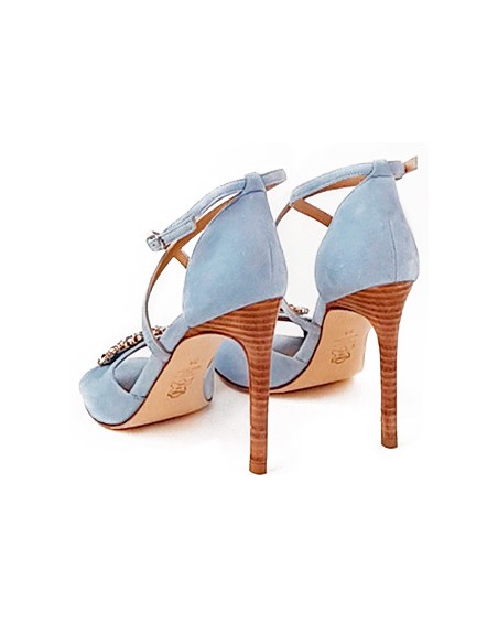 Suede party sandal with crossed straps and jewel embellishment