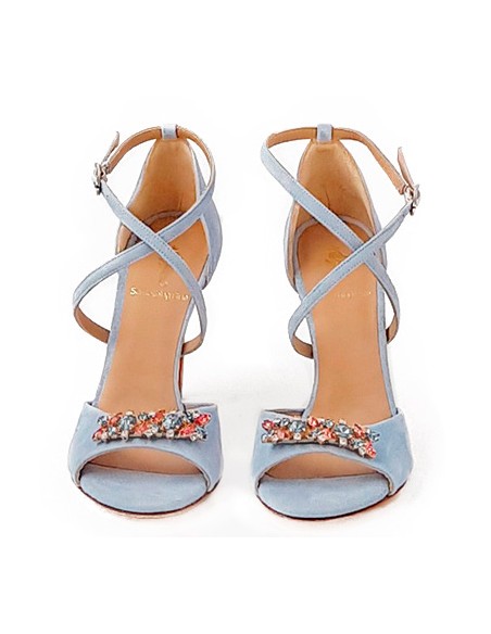 Suede party sandal with crossed straps and jewel embellishment