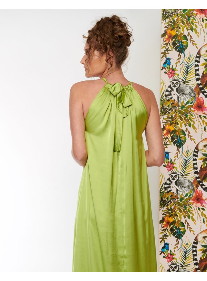 Long green party dress with halter neck