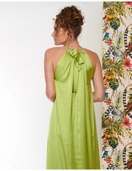 Long green party dress with halter neck